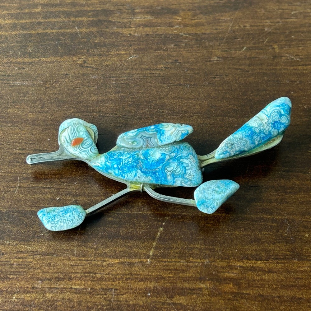 Brooch Pin Vintage Southwestern Blue Banded Agate Roadrunner Bird Silver Tone